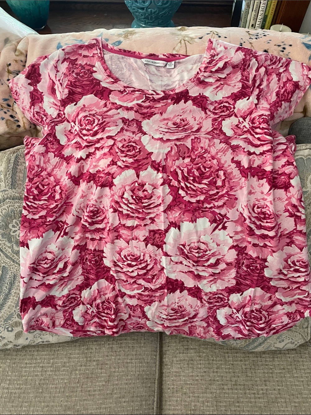 Isaac Mizrahi Live! Pink Rose Print Short Sleeve Tee 3x